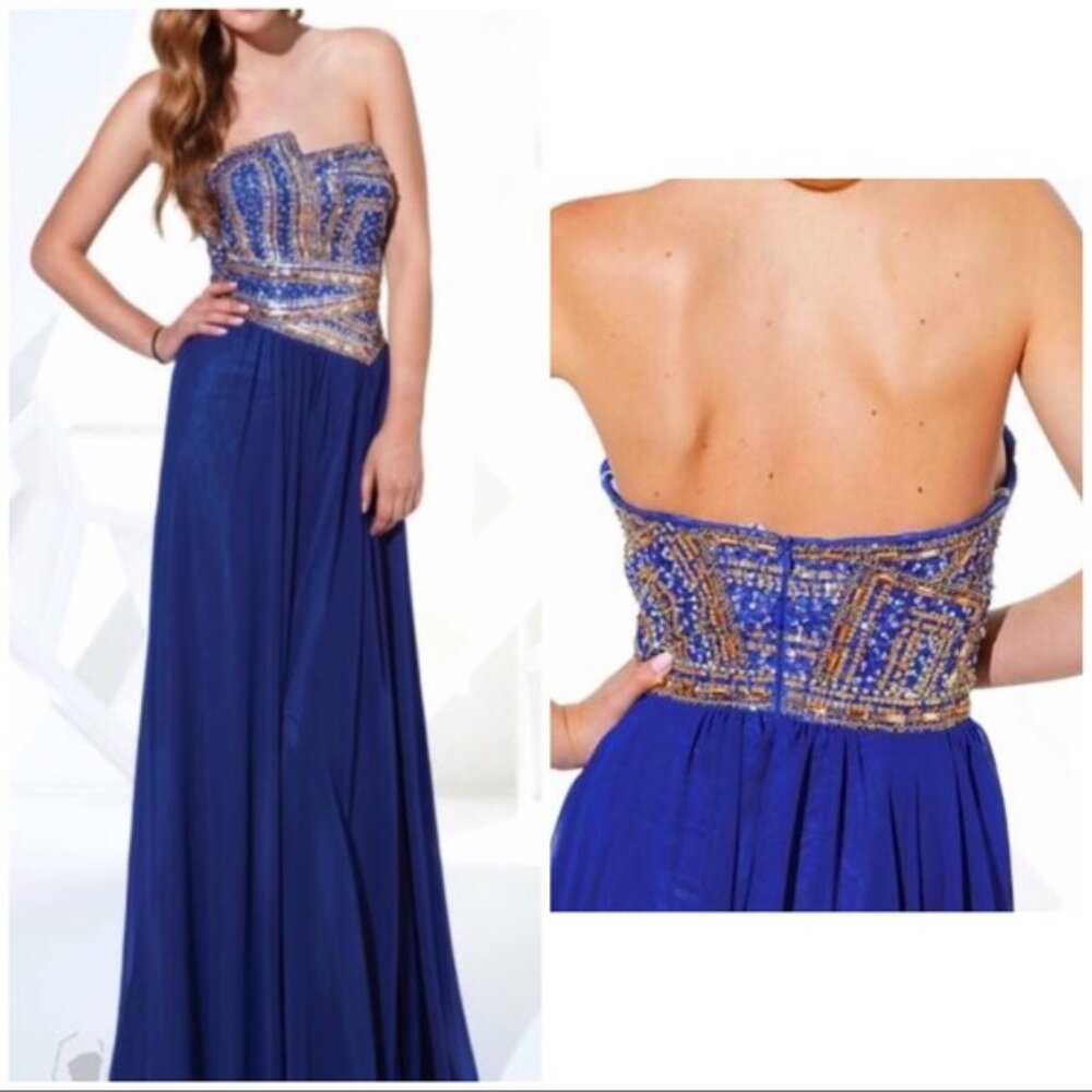 Terani Couture Strapless Beaded bodice Chiffon A Line gown